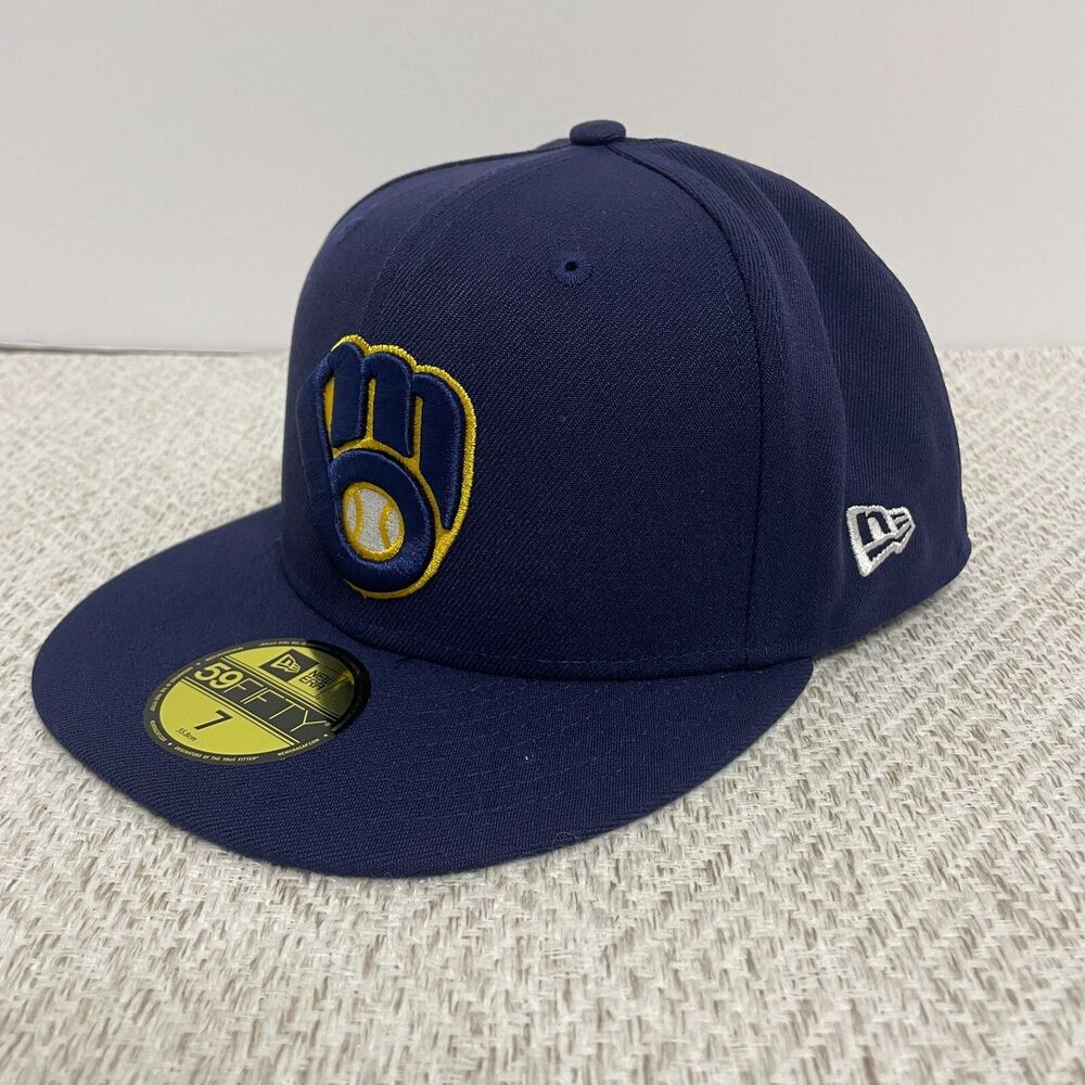 New Era 59Fifty Mens 7 Milwaukee Brewers Classic Blue/Gold Fitted Hat NWT